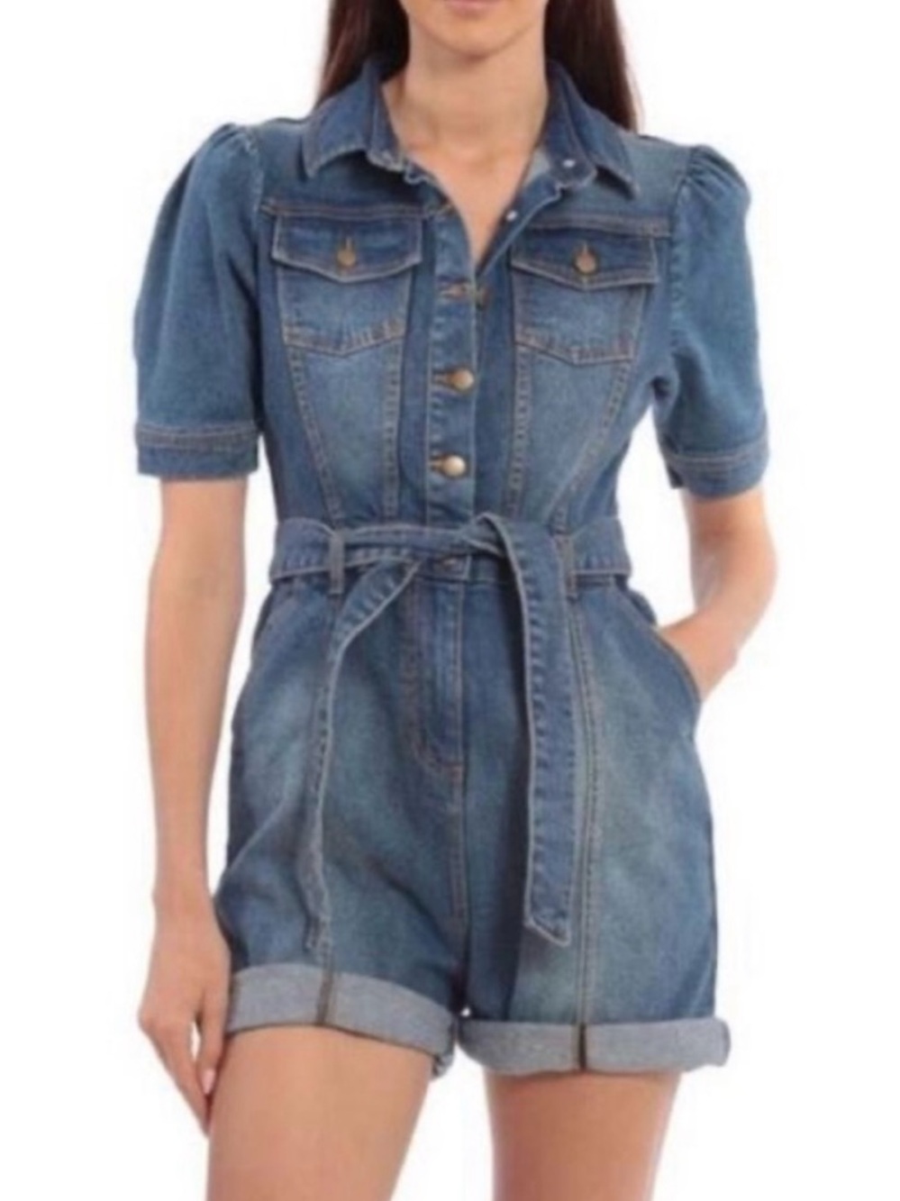 Avec Les Filles Boiler short sleeve Light Blue Denim Romper